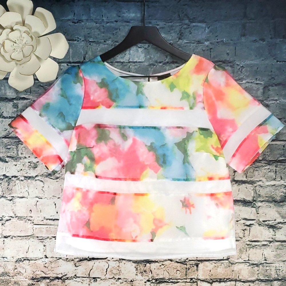 5/$30 🎀 Worthington | Ethereal Fairycore Watercolor Floral Organza Blouse Top